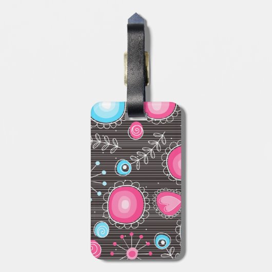 Whimsical roze en blauwe harten en bloemen bagagelabel (Achterkant verticaal)