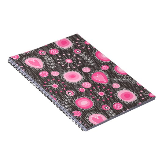 Whimsical roze en blauwe harten en bloemen notitieboek (Rechterzijde)