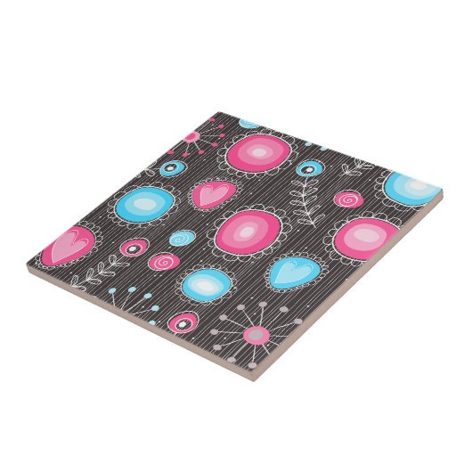 Whimsical roze en blauwe harten en bloemen tegeltje (Zijkant)