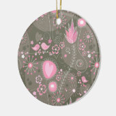 Whimsical Roze en Grijze Harten, Vogels en Bloemen Keramisch Ornament (Links)