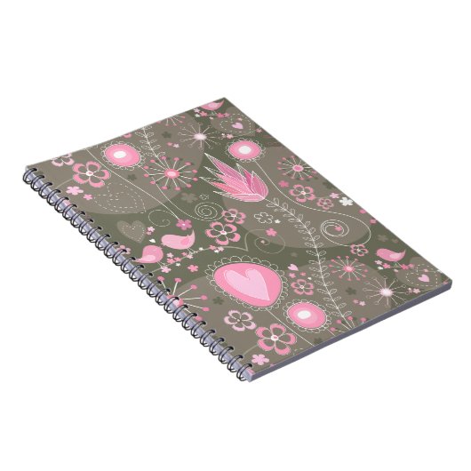 Whimsical Roze en Grijze Harten, Vogels en Bloemen Notitieboek (Rechterzijde)