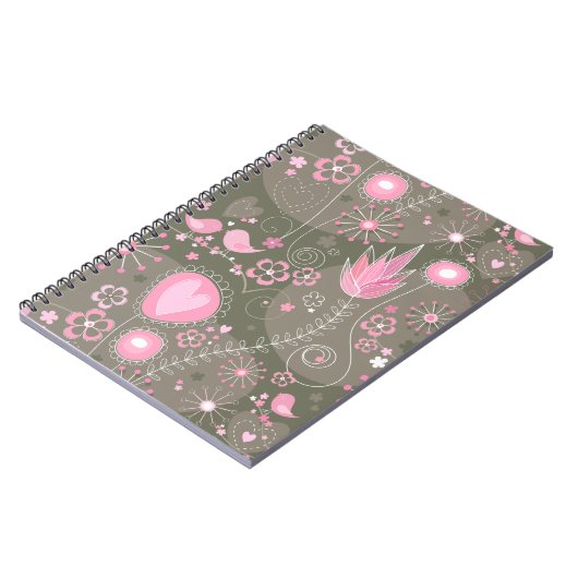 Whimsical Roze en Grijze Harten, Vogels en Bloemen Notitieboek (Linkerzijde)