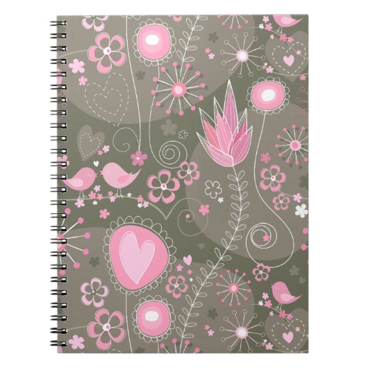 Whimsical Roze en Grijze Harten, Vogels en Bloemen Notitieboek (Voorkant)