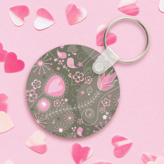 Whimsical Roze en Grijze Harten, Vogels en Bloemen Sleutelhanger