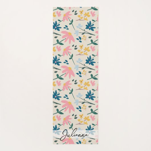Whimsical roze geel bloemmotief gepersonaliseerd yogamat (Achterkant)
