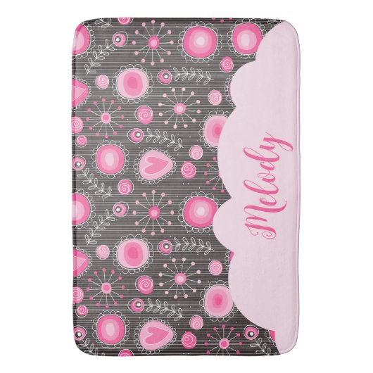 Whimsical roze grijze harten en bloemen bloemige n badmat (Voorkant Verticaal)