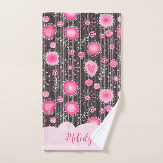 Whimsical roze grijze harten en bloemen bloemige n handdoek (Handdoek)