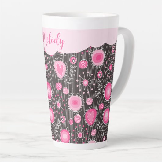 Whimsical roze grijze harten en bloemen bloemige n latte mok (Rechterhoek)