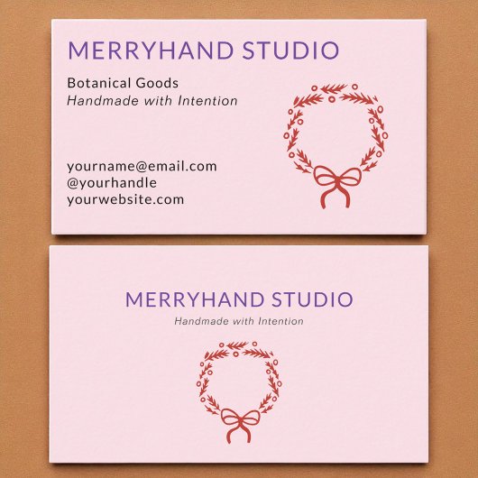 Whimsical Roze Hand getrokken Krans Kerstmis Visitekaartje