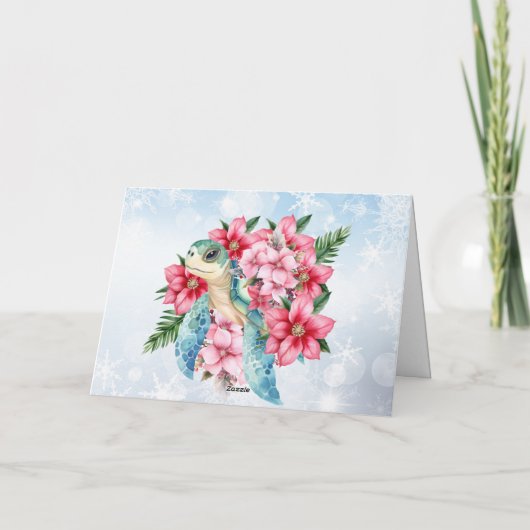 Whimsical Roze Kerst Bloemen & Zee Schildpad Kaart (Achterkant)