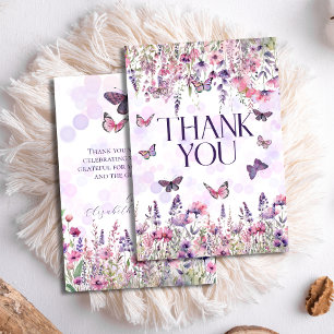 Whimsical Roze Paarse Vlinders & Wildbloemen Bedankkaart