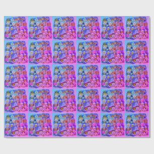 Whimsical Roze Paarse Winterdorp Folk Art Cadeaupapier