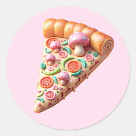 Whimsical Roze Paddestoel Pizza Party Ronde Sticker (Voorkant)
