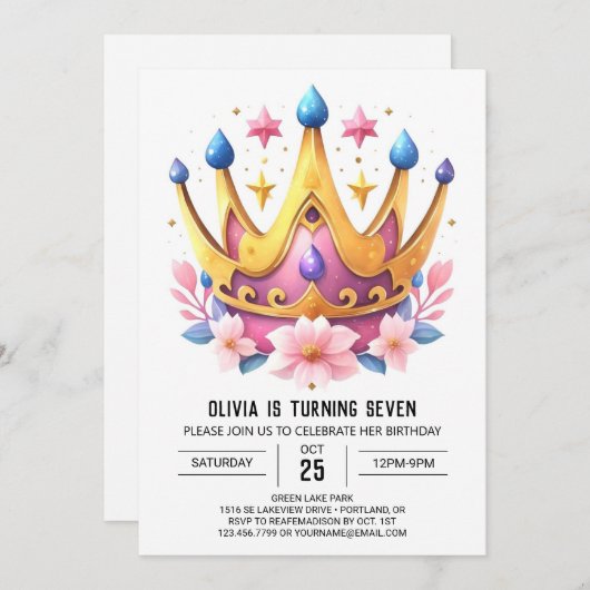 Whimsical roze prinses kroon verjaardag kaart (Voorkant / Achterkant)