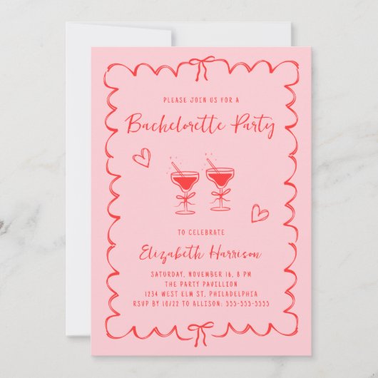 Whimsical Roze Rood Wavy Lijst Bachelorette Party Kaart (Voorkant)
