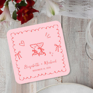 Whimsical Roze Rood Wavy Lijst bruiloft Vierkante Kartonnen Onderzetter