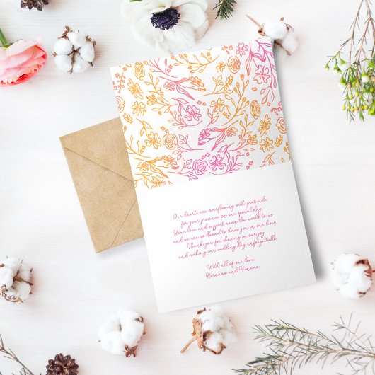 Whimsical Roze Sinaasappel Bloemen Hand getrokken Bedankkaart