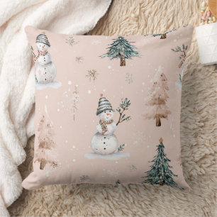 Whimsical Roze Sneeuwman Kerstmis - Winter (2) Kussen