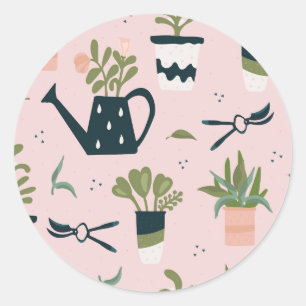 Whimsical roze tuinieren afgedrukt patroon ronde sticker