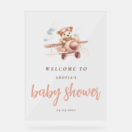 Whimsical Roze Vliegtuig Avontuur Baby shower Acryl Bord (Voorkant)