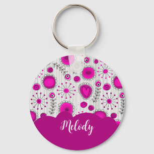Whimsical roze witte harten bloemen bloemige naam sleutelhanger