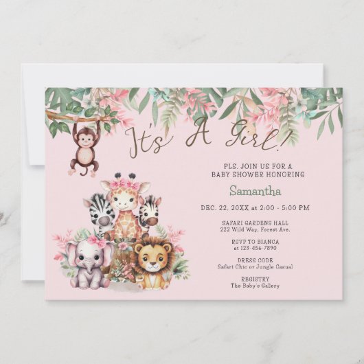 Whimsical Safari Oerwoud Het is een Meisje Baby sh Kaart (Voorkant)