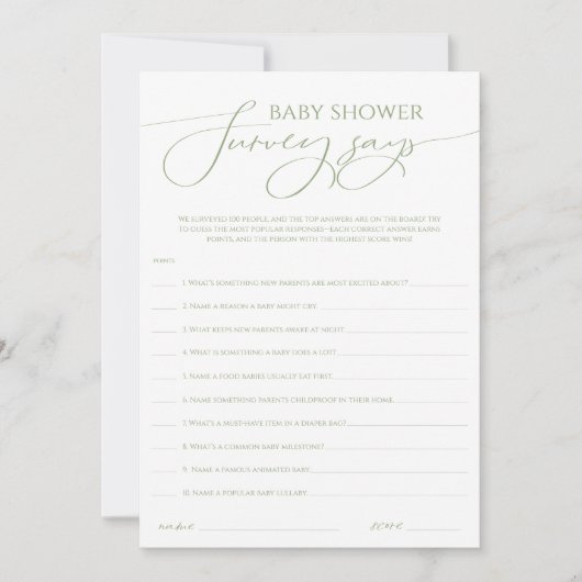 Whimsical Sage Green Baby shower Survey zegt Kaart (Voorkant)