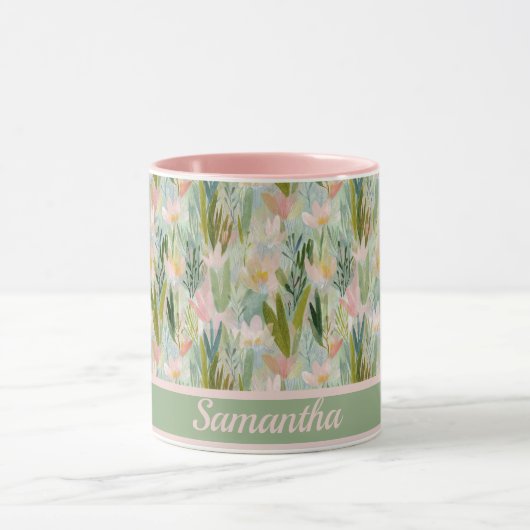 Whimsical Sage Green Floral Personalized  Mok (Midden)