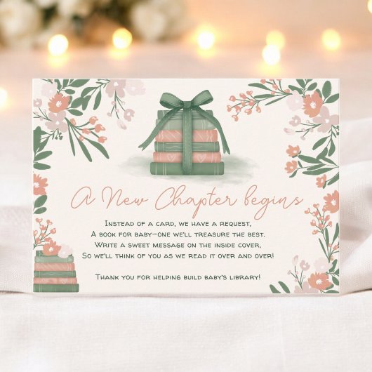 Whimsical Sage Green New Chapter Books Baby shower Informatiekaartje