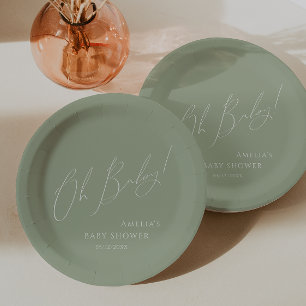 Whimsical Sage Green Oh Baby! Baby Shower Papieren Bordje