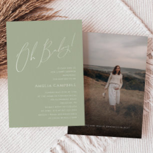 Whimsical Sage Green Oh Baby! Foto Baby shower Kaart