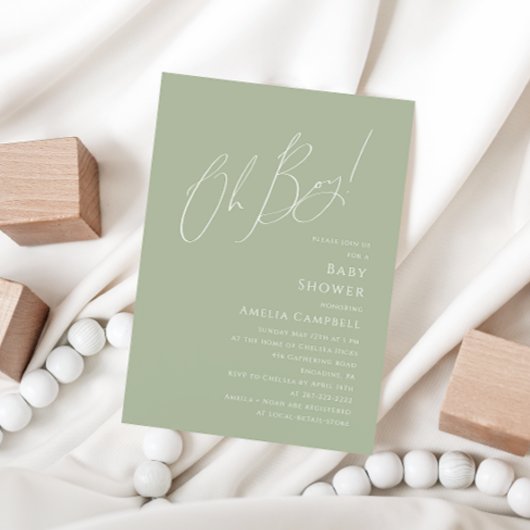Whimsical Sage Green Oh Boy! Baby Shower Kaart