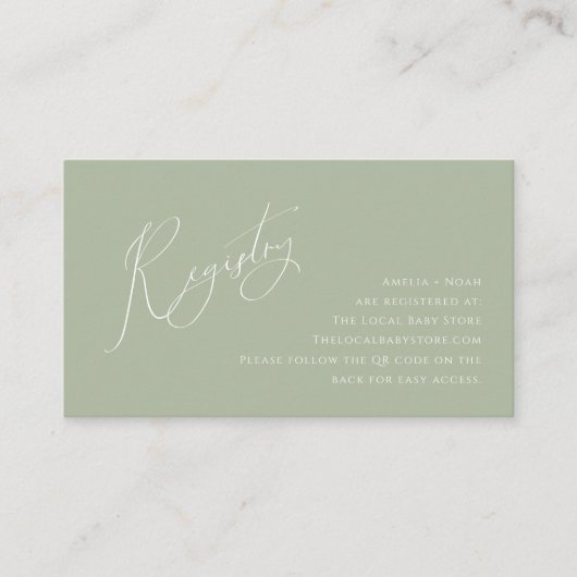 Whimsical Sage Green QR Code Baby Registry Informatiekaartje (Voorkant)