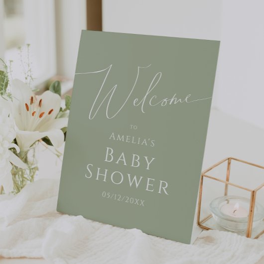 Whimsical Sage Green Welcome Baby shower Reclamebord Met Voetstuk
