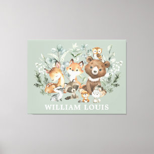 Whimsical Sage Green Woodland Forest Animals Canvas Afdruk