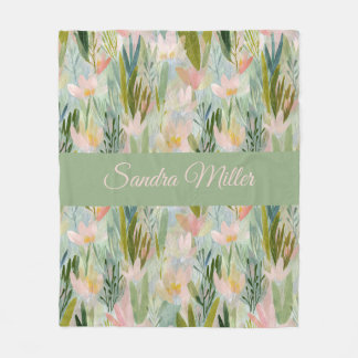 Whimsical Sage Groene Bloemige Gepersonaliseerde Fleece Deken