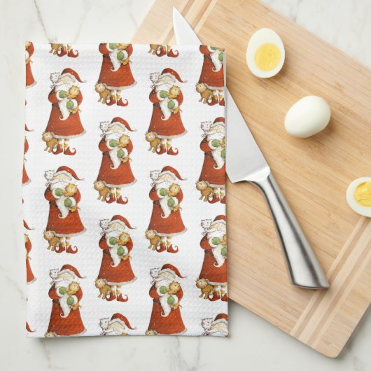 Whimsical Santa & Cats Theedoek (Quarter Fold)