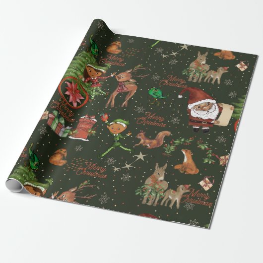 Whimsical Santa Elf & Friends Christmas Green Cadeaupapier (Uitgerold)