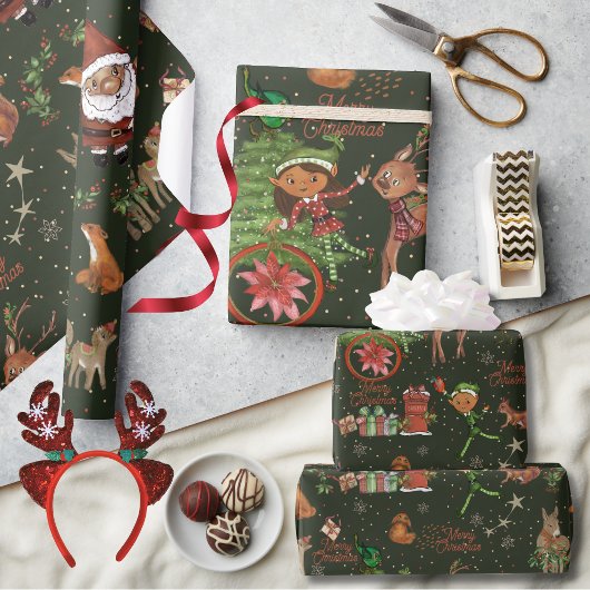 Whimsical Santa Elf & Friends Christmas Green Cadeaupapier