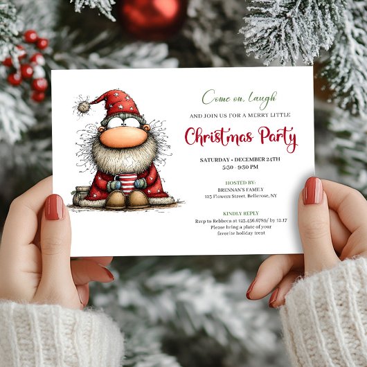 Whimsical Santa Hand Drawn Holiday Party Invite Kaart