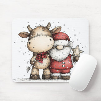 Whimsical Santa & Moo-Moo Holiday Christmas Cheer Muismat
