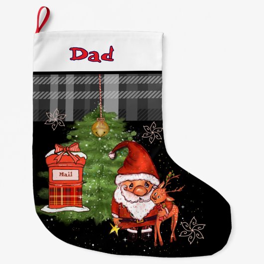 Whimsical Santa Reindeer Christmas Stocking I Dad Grote Kerstsok (Voorkant)