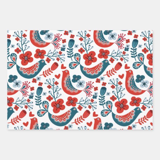 Whimsical Scandinavische kerstvogels Inpakpapier Vel (Voorkant)