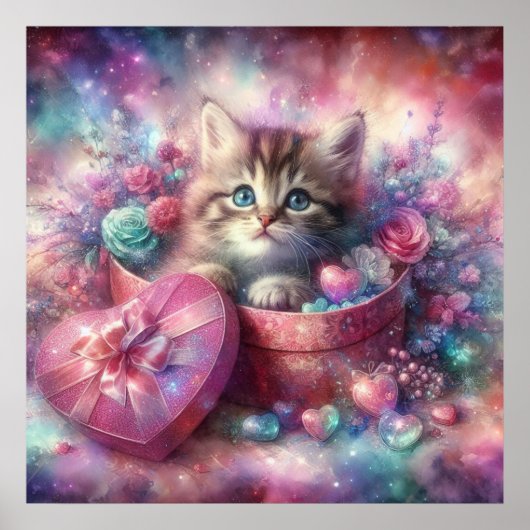 Whimsical Schattige Kitten Bloemen Hart Box Poster (Voorkant)