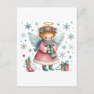 Whimsical Schattige Roze en Blauwe Kerst Engel Briefkaart