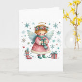 Whimsical Schattige Roze en Blauwe Kerst Engel Kaart (Gele Bloem)