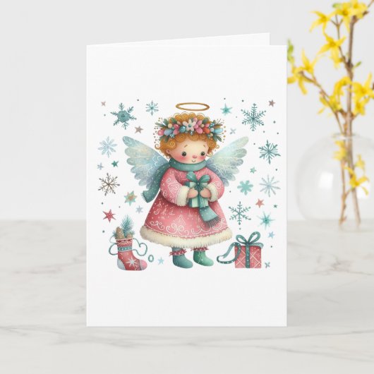 Whimsical Schattige Roze en Blauwe Kerst Engel Kaart (Gele Bloem)