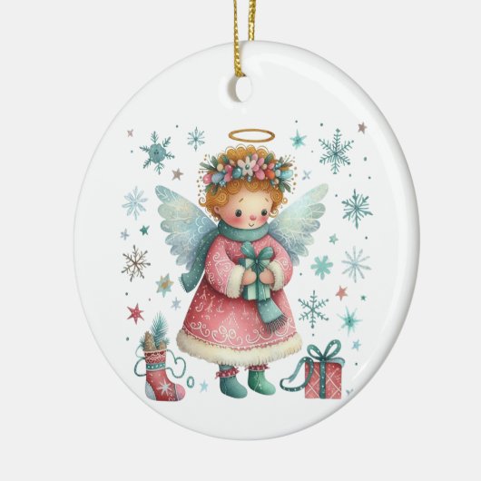 Whimsical Schattige Roze en Blauwe Kerst Engel Keramisch Ornament (Links)