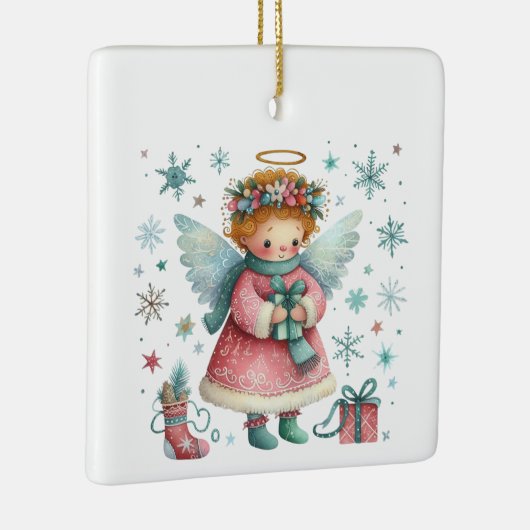 Whimsical Schattige Roze en Blauwe Kerst Engel Keramisch Ornament (Rechts)