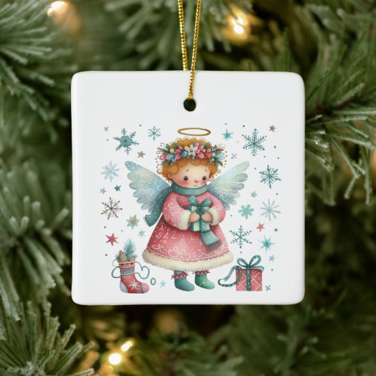 Whimsical Schattige Roze en Blauwe Kerst Engel Keramisch Ornament (Boom)